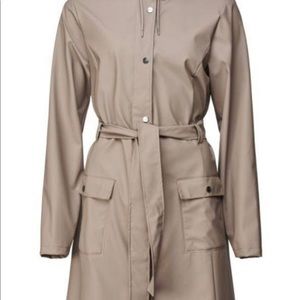 RAINS brand long curve jacket in taupe XXS/XS, fits like a XS/S.